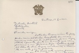 [Carta] 1943 oct. 1, Santiago [a] Gabriela Mistral, Petrópolis, Brasil