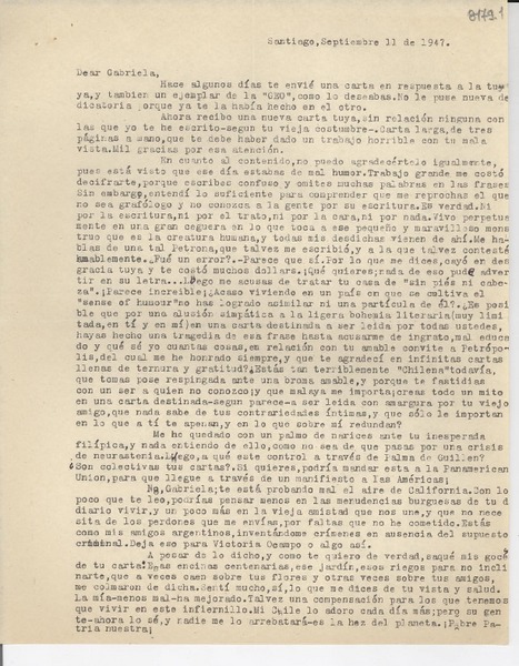 [Carta] 1947 sept. 11, Santiago [a] Gabriela Mistral