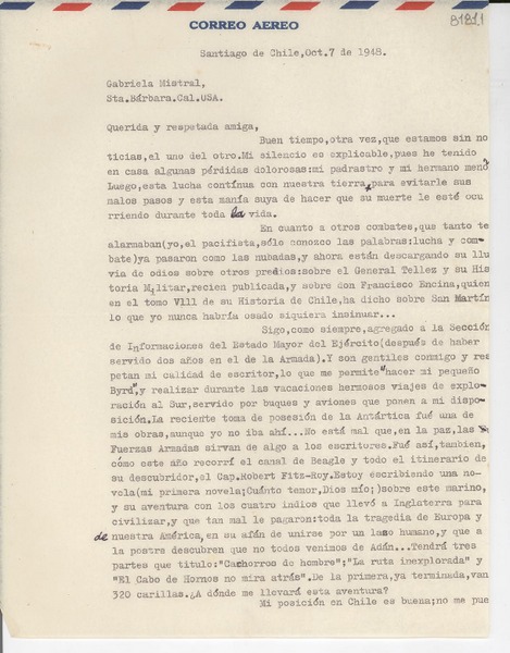 [Carta] 1948 oct. 7, Santiago de Chile [a] Gabriela Mistral, Santa Bárbara, California, USA