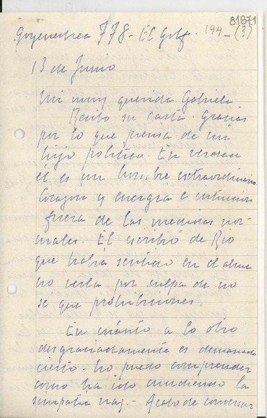 [Carta] 1943 jun. 13, [Santiago] [a] Gabriela Mistral