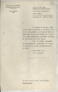 [Memorandum] 1947 abr. 15, Santiago [al] Señor Cónsul de Chile en Los Angeles, Estados Unidos