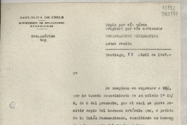 [Memorandum] 1947 abr. 15, Santiago [al] Señor Cónsul de Chile en Los Angeles, Estados Unidos