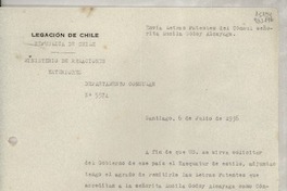 [Memorandum] N° 5574, 1936 jul. 6, Santiago, [Chile] [al] Señor Ministro de Chile en Portugal, Lisboa