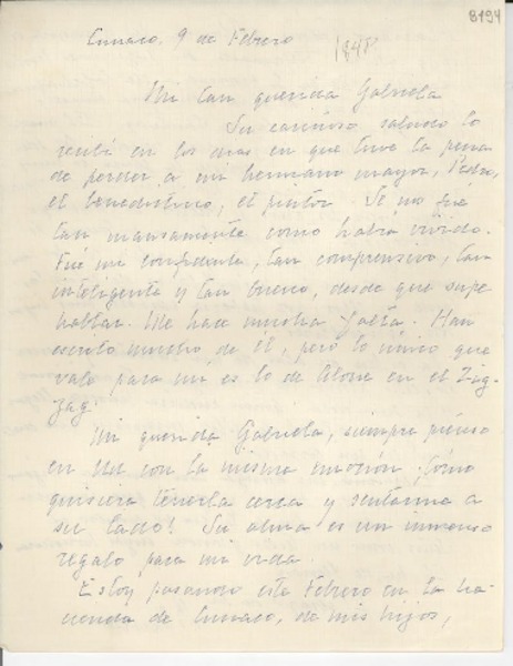 [Carta] [1956] feb. 9, Cunaco, [Chile] [a] Gabriela Mistral