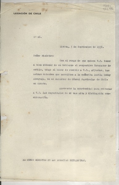 [Memorandum] N° 86, 1936 sept. 3, Lisboa, [Portugal] [al] Señor Ministro de los Negocios Extranjeros
