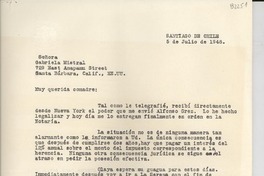 [Carta] 1948 jul. 5, Santiago, Chile [a] Gabriela Mistral, Santa Bárbara, Calif., EE.UU.
