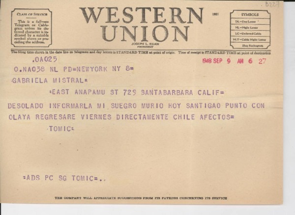 [Telegrama] 1948 sept. 9, New York, [EE.UU.] [a] Gabriela Mistral, Santa Barbara, Calif., [EE.UU.]