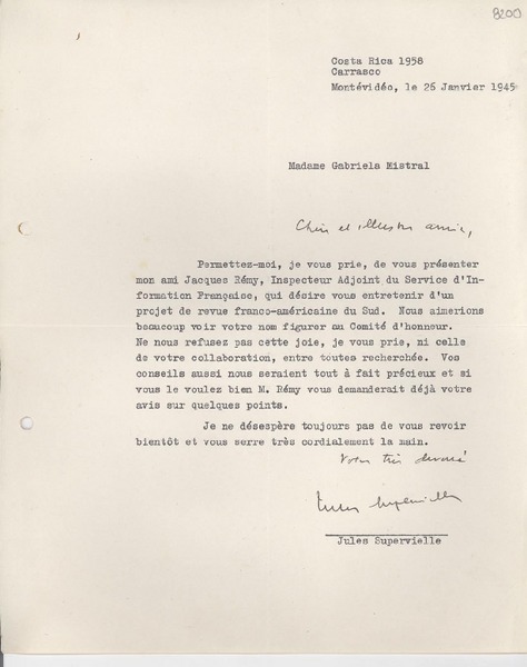[Carta] 1945 janv. 26, Montevideo [a] Gabriela Mistral