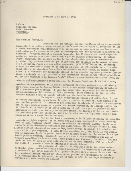 [Carta] 1949 mayo 5, Santiago, [Chile] [a] Gabriela Mistral, Hotel Mocambo, Veracruz, [México]