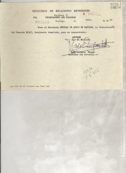 [Memorandum] N° 002551, 1952 ago. 4, Santiago [a] Consulado General de Chile, Nápoles