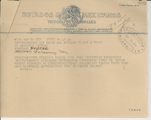 [Telegrama] 1950 oct. 10, Santiago, Chile [a] Gabriela Mistral, Veracruz, [México]