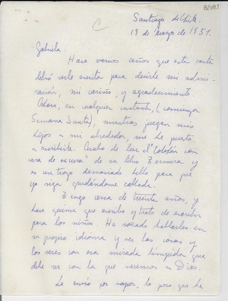 [Carta] 1951 mar. 19, Santiago de Chile [a] Gabriela Mistral