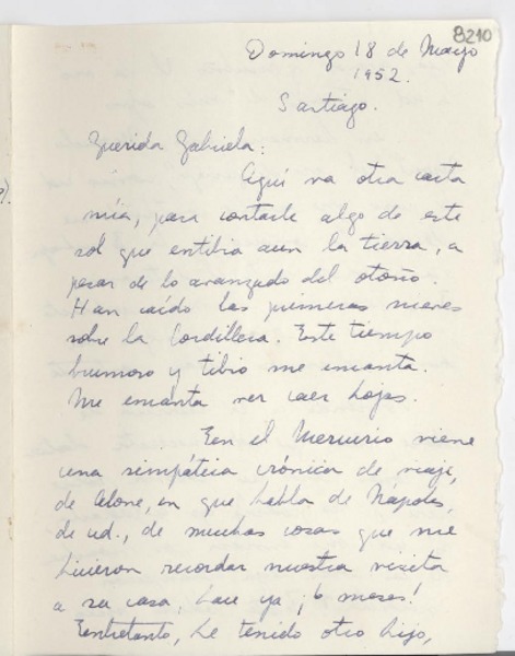 [Carta] 1952 mayo 18, Santiago [a] Gabriela Mistral