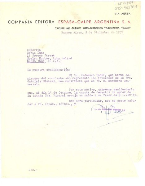 [Carta] 1957 dic. 5, Buenos Aires, [Argentina] [a] Doris Dana, Long Island, Nueva York (U.S.A.)