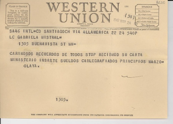 [Telegrama] 1947 mar. 23, Santiago [a] Gabriela Mistral, [California]