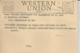 [Telegrama] 1947 mar. 23, Santiago [a] Gabriela Mistral, [California]