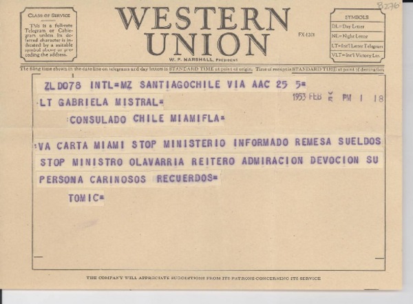 [Telegrama] 1953 feb. 5, Santiago, Chile [a] Gabriela Mistral, Miami, [EE.UU.]
