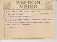 [Telegrama] 1953 feb. 5, Santiago, Chile [a] Gabriela Mistral, Miami, [EE.UU.]