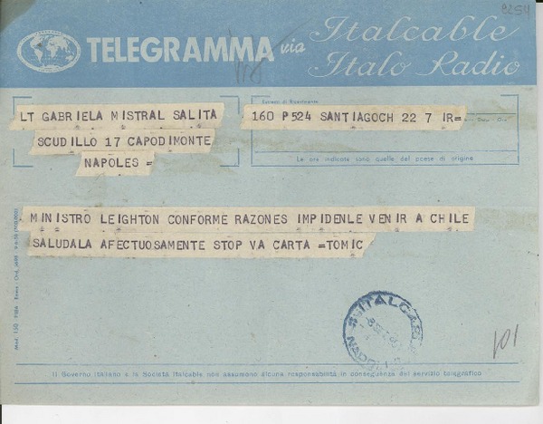 [Telegrama] 1951 sept. 8, Santiago, Chile [a] Gabriela Mistral, Nápoles