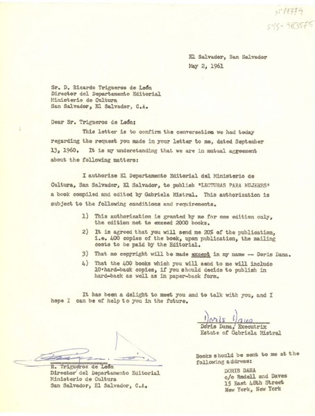 [Carta] 1961 may. 2, San Salvador, [El Salvador] [a] Ricardo Trigueros de León, Director del Departamento Editorial , Ministerio de Cultura, San Salvador, San Salvador.