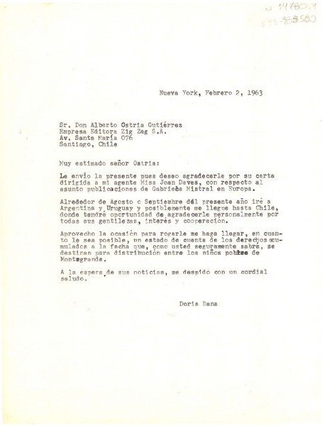 [Carta] 1963 feb. 2, Nueva York, [Estados Unidos] [a] Alberto Ostria Gutiérrez, Empresa Editora Zig-Zag S.A., Santiago, Chile.
