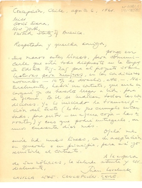[Carta] 1961 ago. 6, Concepción, Chile [a] Doris Dana, New York, Estados Unidos