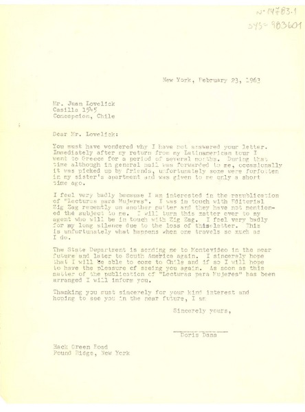 [Carta] 1963 feb. 23, New York, U.S.A. [a] Juan Loveluck, Concepción, Chile