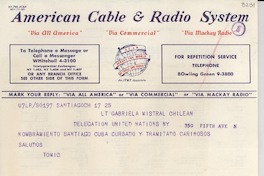 [Telegrama] [1953], Santiago, Chile [a] Gabriela Mistral, New York, [EE.UU.]