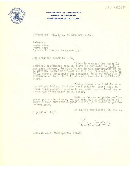 [Carta] 1961 oct. 11, Concepción, Chile [a] Doris Dana, Nueva York, Estados Unidos de Norteamérica