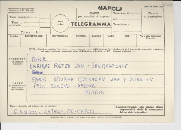 [Telegrama] [1951, Napoli] [a] Radomiro Tomic, Santiago, Chile