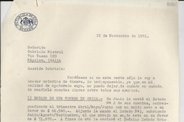 [Carta] 1951 nov. 22, [Santiago] [a] Gabriela Mistral, Nápoles, Italia