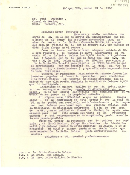 [Carta] 1950, mar. 21, Hotel Jalapa, Veracruz,[México] [a] Paul Sweetser, Santa Barbara, Cal. [Estados Unidos]