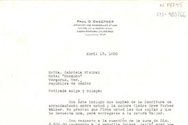 [Carta] 1950, abr. 13, Santa Barbara, California, [Estados Unidos] [a] Gabriela Mistral, Hotel "Mocambo", Veracruz, República de México