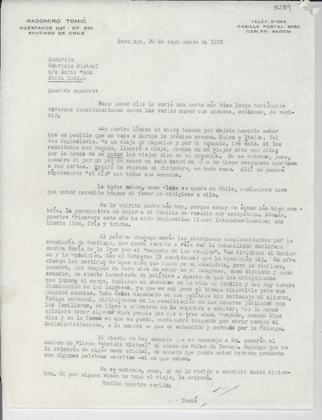 [Carta] 1953 sept. 30, Santiago, [Chile] [a] Gabriela Mistral, Nueva York, [EE.UU.]