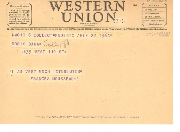 [Telegrama] [1949?], Phoenix, Arizona, [Estados Unidos] [a] Doris [Dana]