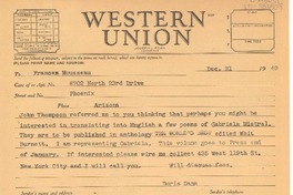 [Telegrama] [1949 dec. 21, [Estados Unidos] [a] Frances Mousseau, Phoenix, Arizona, [Estados Unidos]