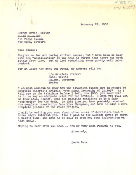 [Carta] 1950 feb. 22, [Estados Unidos] [a] George Davis, Editor Flayr Magazine, New York, [Estados Unidos]
