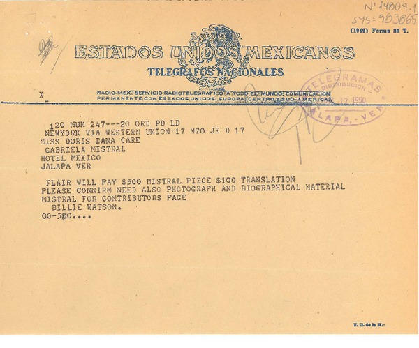 [Telegrama] 1950 mar. 13, New York, [Estados Unidos] [a] Doris Dana y Gabriela Mistral, Hotel México, Jalapa, Ver. [México]