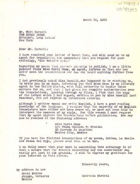 [Carta] 1950 mar. 29, Hotel México, Jalapa, Veracruz, México [a] Whit Burnett, Long Island, New York, [Estados Unidos]