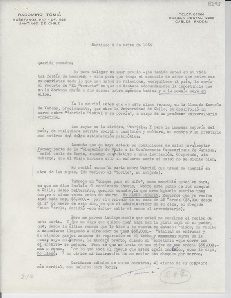 [Carta] 1954 mar. 4, Santiago, [Chile] [a] [Gabriela Mistral]