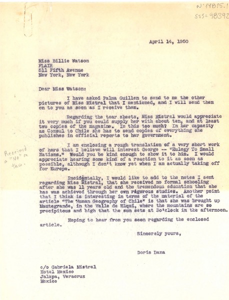 [Carta] 1950 abr. 14, Hotel México, Jalapa, Veracruz, México [a] Billie Watson, New York, [Estados Unidos]