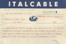 [Telegrama] 1952 ago. 14, Santiago [a] Gabriela Mistral, Napoli