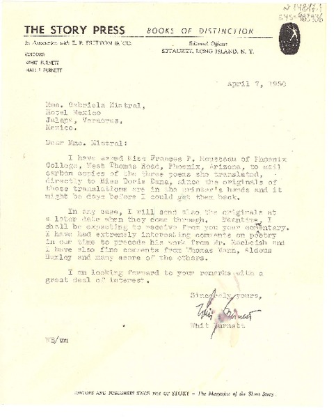 [Carta] 1950 apr. 7, Long Island, New York, [Estados Unidos] [a] Gabriela Mistral, Hotel México, Jalapa, Veracruz, México