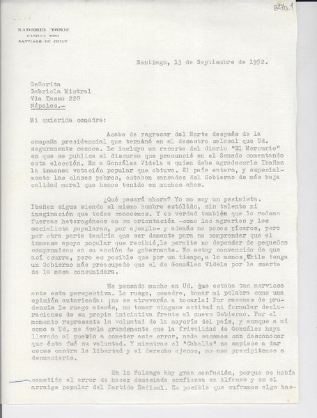 [Carta] 1952 sept. 13, Santiago [a] Gabriela Mistral, Nápoles