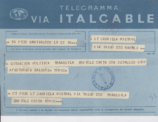 [Telegrama] 1952 sept. 18, Santiago [a] Gabriela Mistral, Napoli