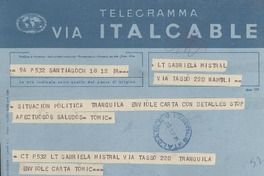 [Telegrama] 1952 sept. 18, Santiago [a] Gabriela Mistral, Napoli