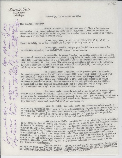 [Carta] 1954 abr. 13, Santiago [a] Gabriela Mistral