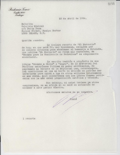 [Carta] 1954 abr. 23, [Santiago] [a] Gabriela Mistral, Long Island