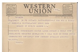 [Telegrama] 1954 mayo 7, Santiago de Chile [a] Gabriela Mistral, Long Island