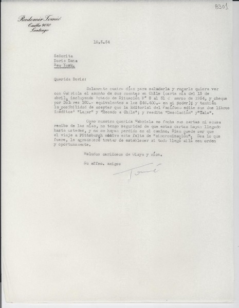 [Carta] 1954 mayo 19, [Santiago] [a] Doris Dana, New York